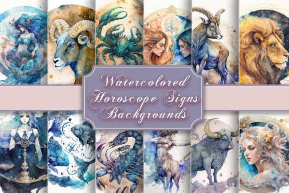 Watercolored Zodiac Signs Backgrounds: Creative Assets